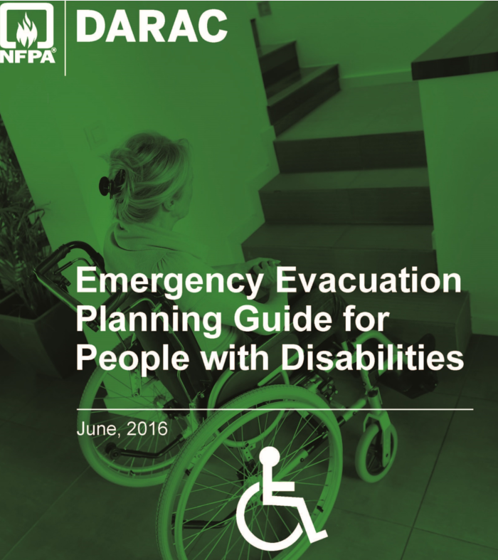 NFPA DARAC Emergency Evacuation Planning Guide for People with Disabilities title page showing an image in the background of a woman in a wheelchair at the bottom of a flight of stairs