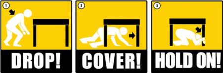 Drawing of instructions during severe weather to Drop to floor, cover head, hold on to sturdy nearby item