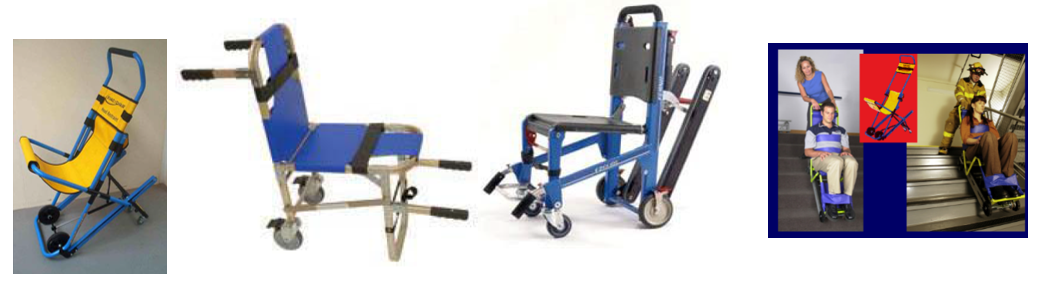 selection of three evacuation wheelchairs and composite image of evacuation chairs being used