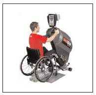 man in a wheelchair using a hand cycle machine