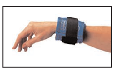 A person's arm shown with a soft wrist weight attached.