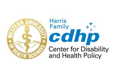 side by side logos for Western University of Healthy Sciences and Harris Family Center for Disability and Health Policy