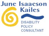logo image for June Isaacson Kailes that includes her name in blue font above and to the right of a yellow swirl, with text that reads "disability policy consultant"