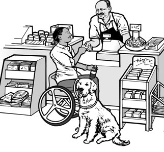 Illustration: Accessible checkout area with lowered counter and clear floor space