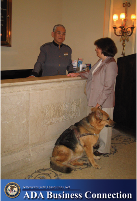 Photo: woman at hotel counter with service dog. Below photo: ADA Business Connection banner