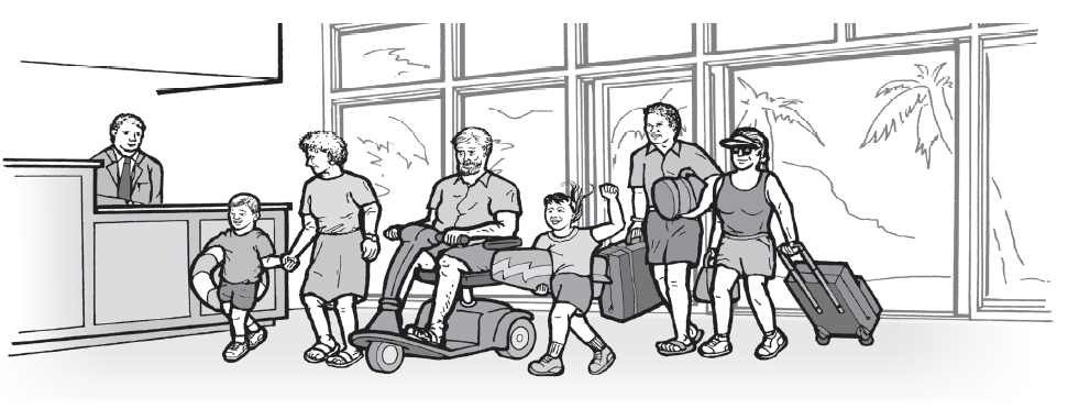 Illustration showing people in hotel lobby