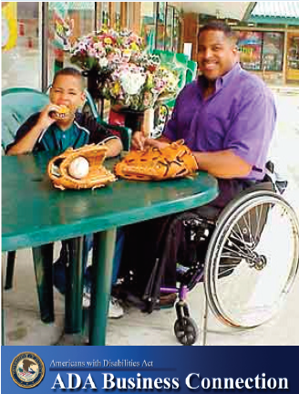 Photo: A man using a wheelchair is sitting at a table with a young child; ADA Business Connection Logo