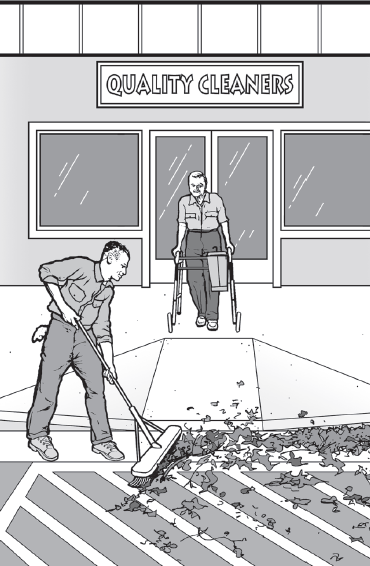 Illustration of a man using a walker exiting a store and an employee sweeping the access aisle