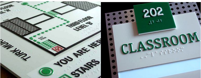 Two examples of signage containing contrasting colors, tactile diagrams and Braille