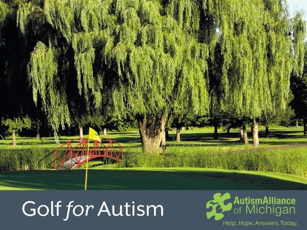 a golf course with text at the bottom saying "Golf for Autism" and "Autism Alliance of Michigan. Help. Hope. Answers. Today."