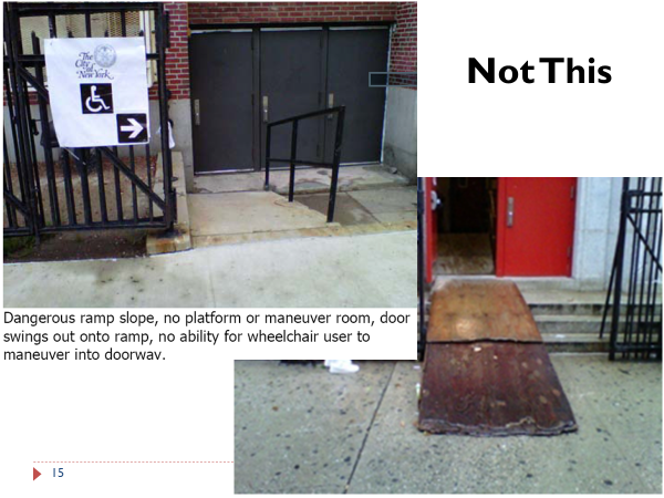 Examples of dangerous, wooden ramps at shelter entrances