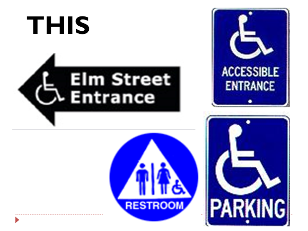 Examples of clear directional signage with text, accessibility logo and arrow showing locations of accessible parking, entrances and restroom