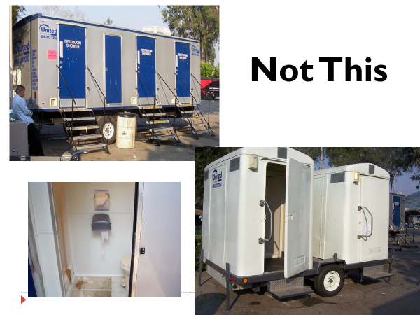 Examples of inaccessible portable toilet units with steps