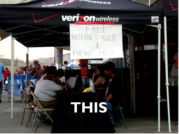 Accessible tables with communication devices at outdoor event