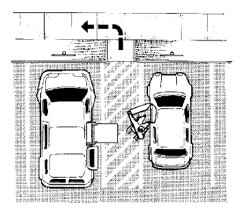 Illustration showing an overhead view of a van and a car parked in accessible parking spaces that share an access aisle. A person using a wheelchair is positioned next to the drivers side of the car and the door to the car is open. A dashed line with an arrowhead shows the accessible route from the access aisle to the sidewalk.