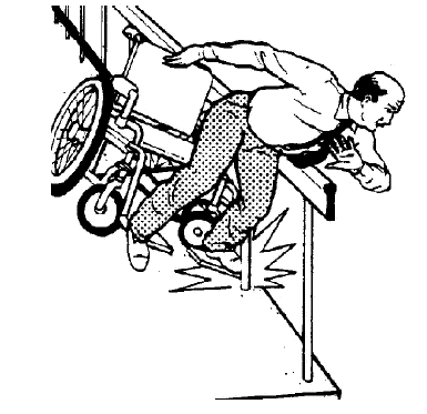 Illustration showing a man going down a ramp in a wheelchair and falling out of the wheelchair after it rolls off the edge of a ramp because the ramp lacks edge protection.