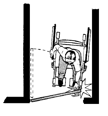 Illustration showing a plan view of a person using a wheelchair trying to pull a hinged door toward them to open it. No clear space is provided adjacent to the latch side of the door.