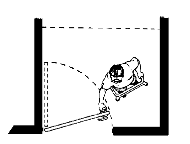 Illustration showing a plan view of an accessible door that has clear floor space next to the latch side of the door on the pull side and adequate maneuvering space in front of the door. A person using a walker is pulling the door open while the walker is positioned in the clear space next to the latch.