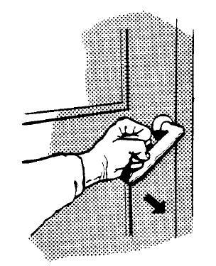 Illustration showing a hand pushing down on a lever handle to open the door.