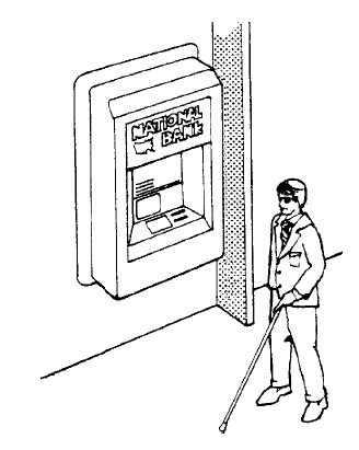 Illustration of a wall-mounted Automated Teller Machine (ATM) with a wing wall installed adjacent to the ATM to eliminate the protruding object hazard.