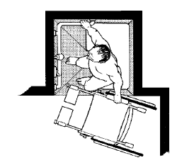 Illustration showing a plan view of a transfer shower with a man sitting on the folding seat and his wheelchair positioned outside the shower adjacent to the seat.
