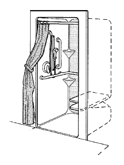 Illustration showing a 36 in by 36 in shower compartment equipped with seat, hand-held shower head, grab bar and shower curtain.