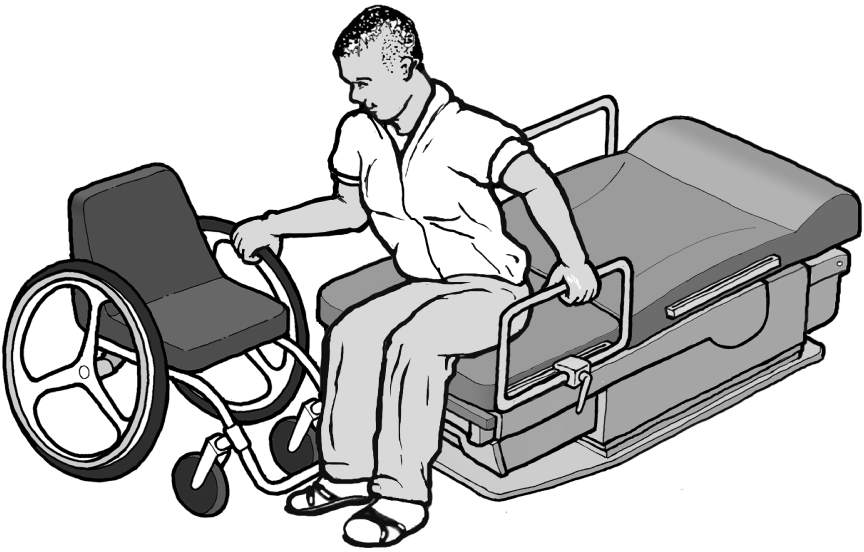 Man transferring from a manual wheelchair positioned perpendicular to the front of the exam table shown in the overview image.