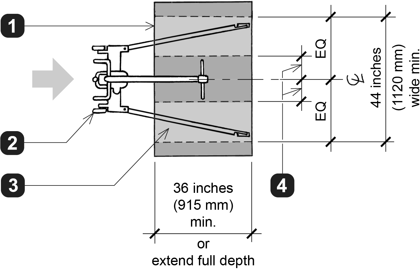 Plan view of an exam table showing a portable patient floor lift with its support legs in open areas of the side of the table base beneath the examination surface. Rectangular area within base measures 44 inches (1120mm) wide min. with EQ on either side of CL, and 36 inches (915 mm) min. or extend full depth.