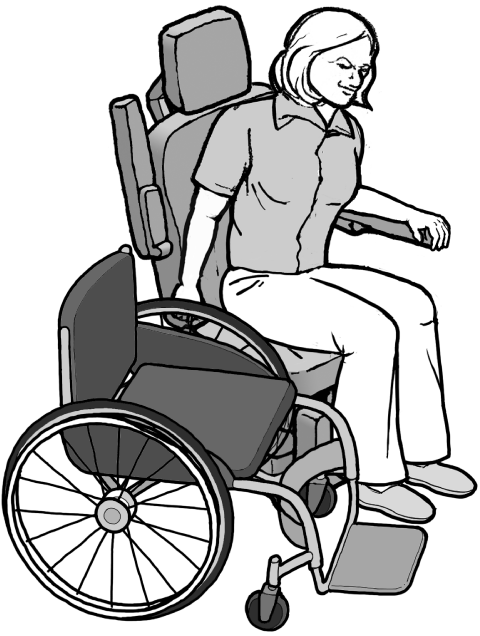 Woman transferring from a manual wheelchair positioned at an angle to the side of the exam chair shown in the overview image.