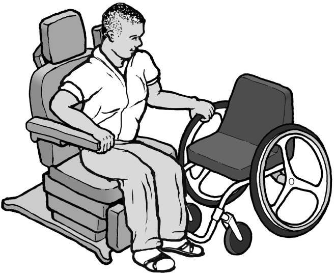 Man transferring from a manual wheelchair positioned perpendicular to the front of the exam chair shown in the overview image.