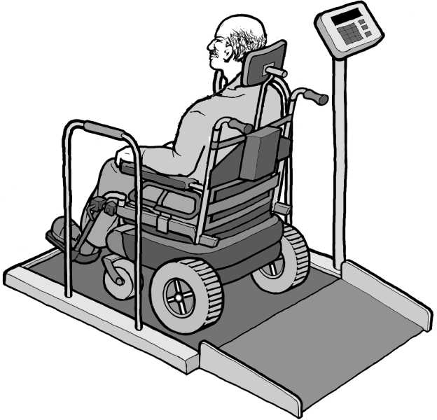 Man in a power wheelchair positioned on the weight scale shown in the overview image.