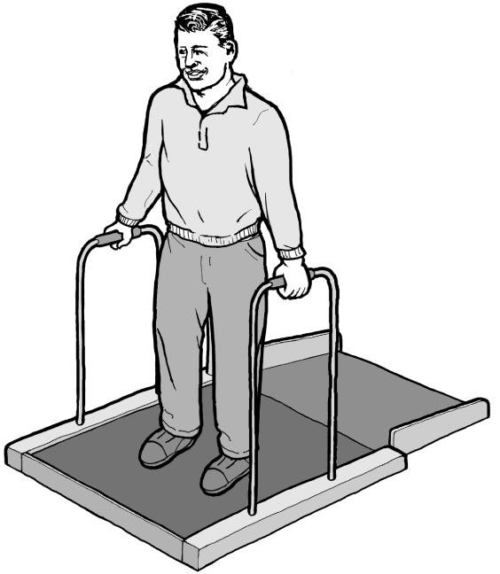 Man standing on weight scale shown in the overview image.&nbsp; Man is holding onto the standing supports.