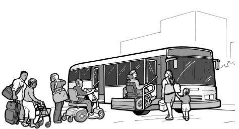 A transit bus equipped with a wheelchair lift is used to evacuate individuals and families.
