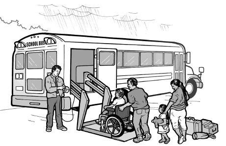 A lift-equipped school bus is used to evacuate an individual using a wheelchair and her family.