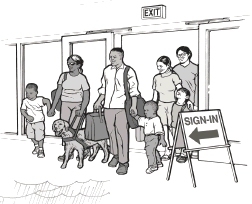 A family, including a woman with a service animal, arrives at a shelter.