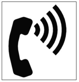 Pictogram of a telephone handset in profile with radiating sound waves.
