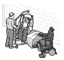 A shelter worker helps a person onto a cot using a portable lift provided by the shelter.