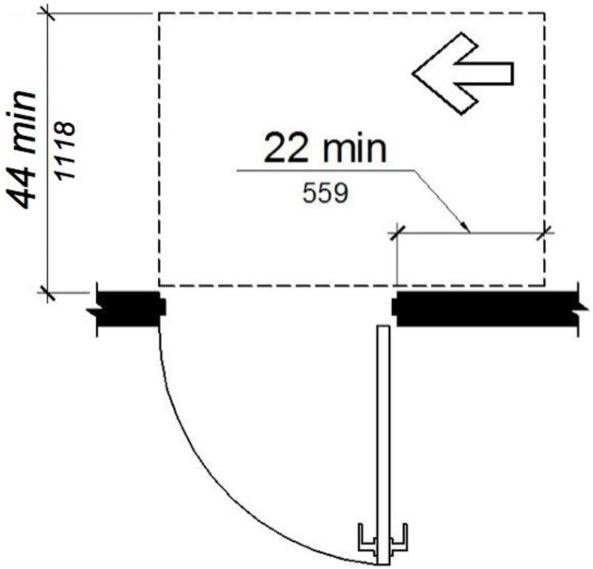 Figure (f) Hinge approach, push side. Maneuvering space extends 22 inches from the hinge side of the doorway and 44 inches minimum perpendicular to the doorway.