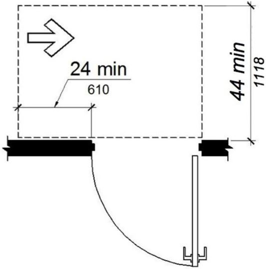 Figure (j) Latch approach, push side. Maneuvering space extends 24 inches from the latch side of the doorway and 44 inches minimum perpendicular to the doorway.