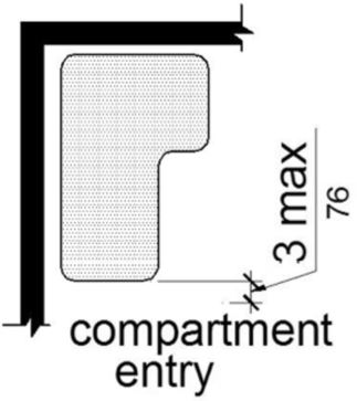 Figure (a) is a plan view of a rectangular seat and figure (b) is a plan view of an L-shaped seat. The front edge of each is 3 inches maximum from the compartment entry.