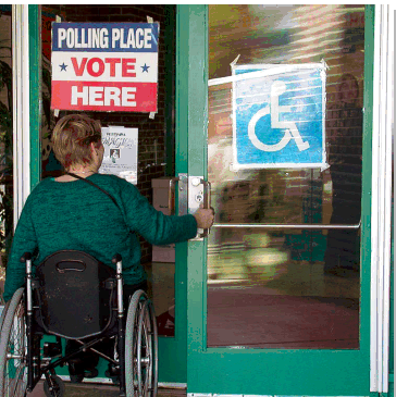 voter using wheelchair enters polling place