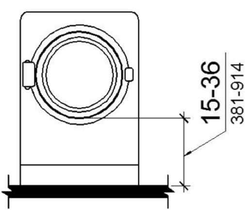 Figure (a) shows a top loading machine with the door to the laundry compartment 36 inches maximum above the floor. Figure (b) shows a front loading machine with the bottom of the opening to the laundry compartment 15 to 36 inches above the floor.