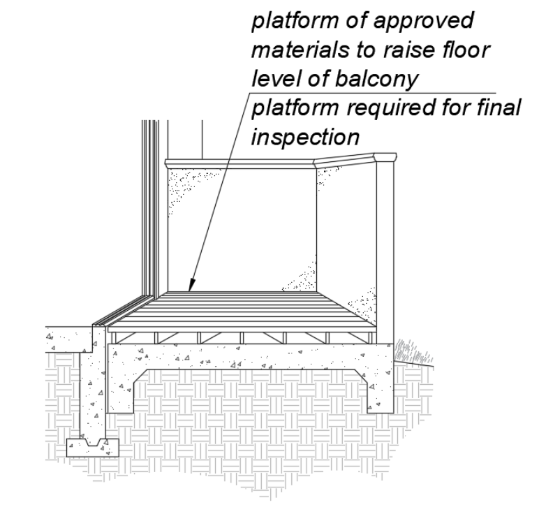 A line drawing of a floor elevation showing an exterior balcony and the flooring and subflooring used in construction. The label on the drawing reads: "platform of approved material to raise floor level of balcony platform required for final inspection"