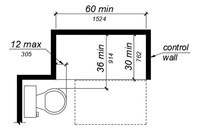 Line drawing of a shower stall measuring 60" min by 30" min with a toilet ajacent.