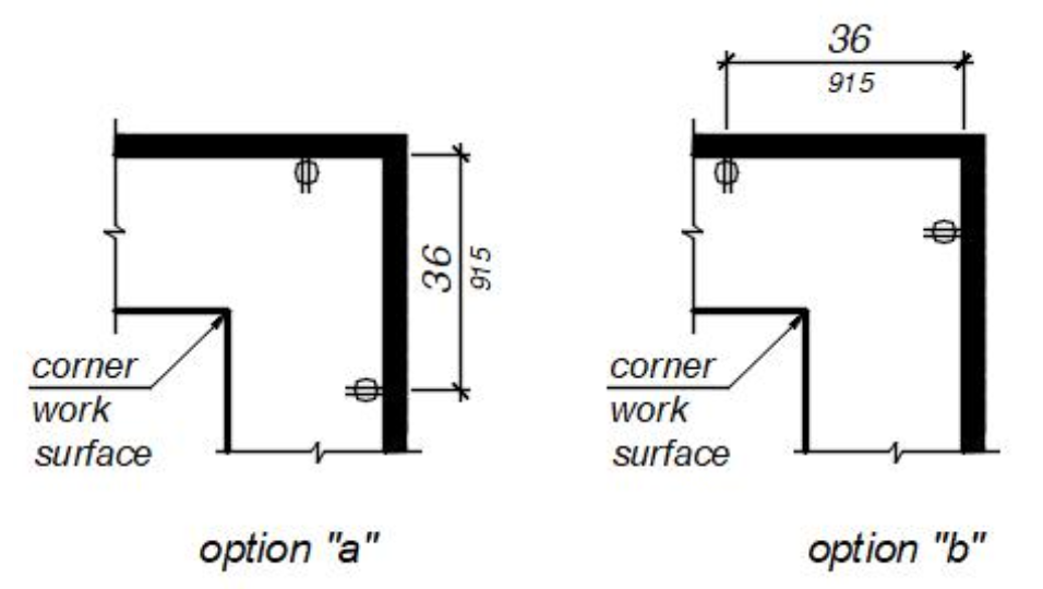 A plan drawing of a corner work surface showing locations for electrical receptacles or controls.