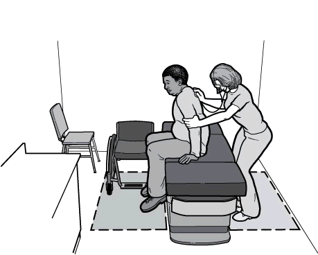 Illustration of patient sitting on adjustable height exam table next to a nurse performing an exam.  A wheelchair is parked beside the exam table.