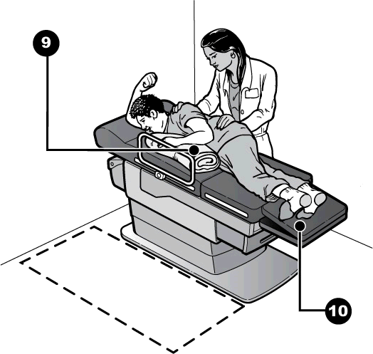 Drawing showing a woman lying on her side on an exam table and being examined by a doctor.