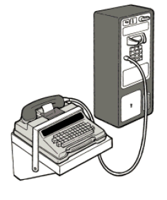 A drawing of a portable TTY mounted to a shelf located next to a wall-mounted pay telephone.