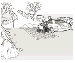 A drawing of accessible parking spaces with snow cleared from the spaces and from the sidewalk. A person using a wheelchair is getting out of a car.