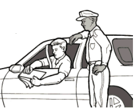 A drawing - a police officer stands beside a motorist's car while the motorist, seated in the car, writes on a pad of paper. 